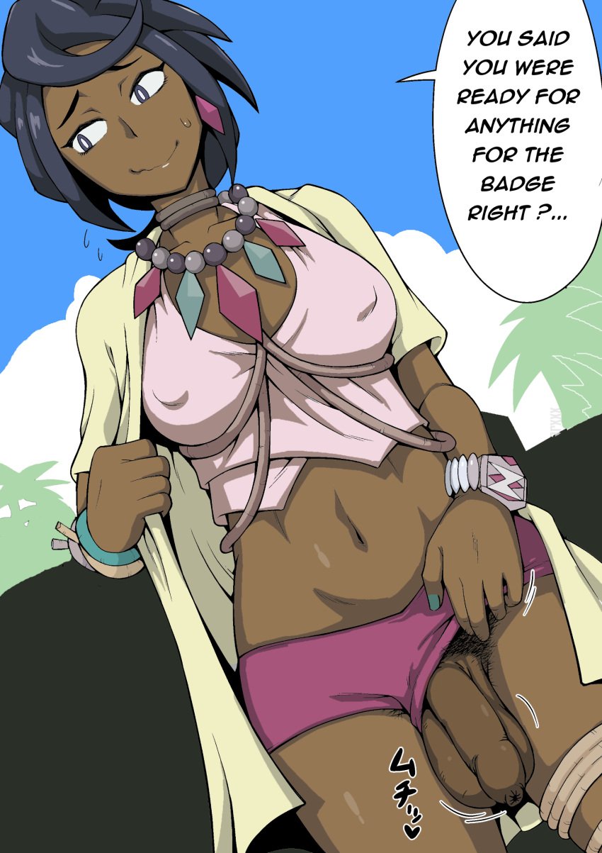 1futa 1puuuuuu balls ballsack big_penis black_hair blue_eyes bracelet breasts caption clothing colored dark-skinned_futanari dark_skin dialogue dickgirl earrings embarrassed embarrassed_nude_futa english_text erect_nipples flaccid flaccid_penis foreskin futa_only futanari human intact intersex jewelry large_breasts nail_polish navel necklace neckwear nipple_bulge nipples_visible_through_clothing olivia_(pokemon) painted_nails penis penis_out pokemon pokemon_sm pubic_hair rope scrotum short_hair short_shorts shorts smile solo source_request speech_bubble sweat talking_to_viewer testicles text thundersharxxx trembling uncensored uncircumcised uncut unretracted_foreskin wristwear