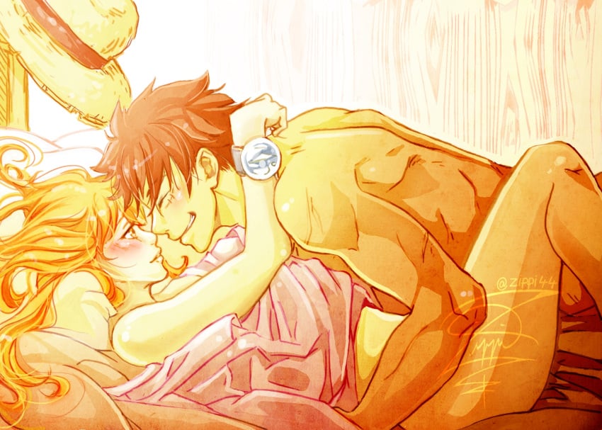 1boy 1boy1girl 1girls arms_around_neck bed bedsheets black_hair blush couple cuddling cute female log_pose long_hair love lying_on_back male monkey_d_luffy morning muscular_male nami nude one_piece orange_hair post-timeskip romantic scar short_hair smile straight straw_hat wholesome zippi44