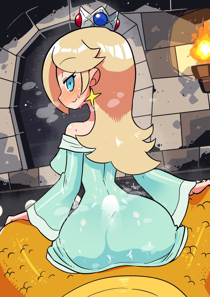 1boy 1girls ass big_ass blonde_hair blue_dress blue_eyes bowser buttjob clothing covered_buttjob crap-man dress erection female female_focus indoors interspecies koopa long_hair looking_at_viewer looking_back male mario_(series) nintendo penis pov princess_rosalina straight super_mario_galaxy