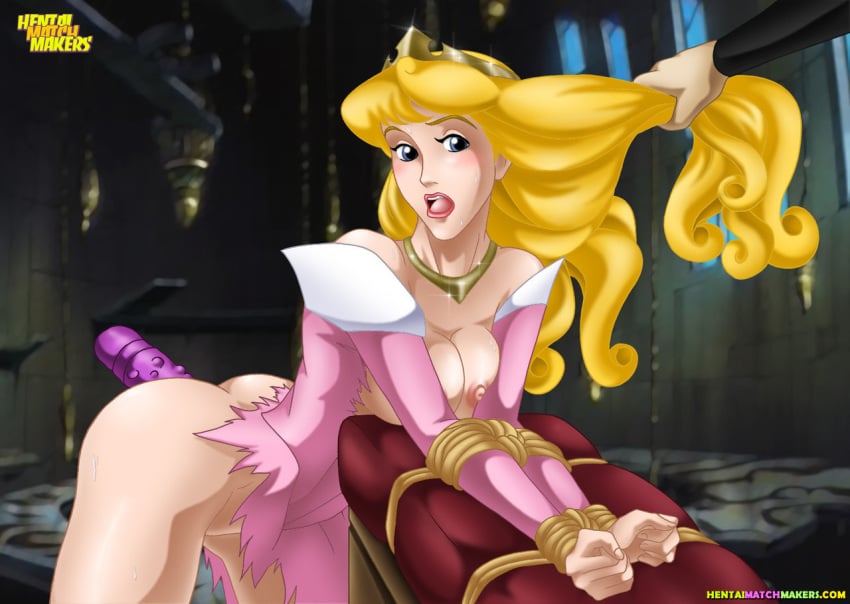 1boy 1girls ass aurora_(sleeping_beauty) blonde_hair blush bondage breasts dildo dildo_insertion disney disney_prince disney_princess dress female hair_grab hentaimatchmakers human human_female human_male long_hair looking_at_viewer male nipples no_bra no_panties partially_clothed prince prince_phillip princess royalty sex_toy sleeping_beauty_(1959_film) tied torn_clothes torn_dress