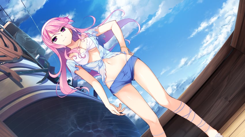 bikini bikini_under_clothes blue_shorts blue_sky bracelet breasts cleavage closed_mouth cloud collarbone day dutch_angle female fumio_(ura_fmo) game_cg hairband hand_on_hip hatsuru_koto_naki_mirai_yori jewelry long_hair medium_breasts meltyna micro_shorts midriff navel necklace official_art outdoors pink_hair red_eyes shiny shiny_hair shorts sky smile solo standing stomach swimsuit underboob very_long_hair white_bikini white_hairband