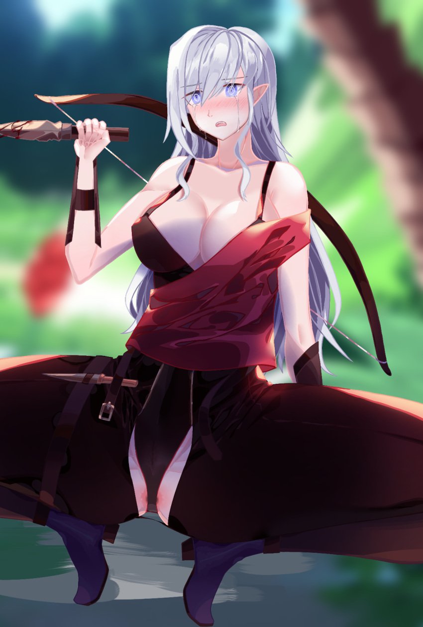 1girls anus black_bra blue_eyes blush bow_(weapon) bra breasts cleavage clothed clothed_female collarbone cute dagger eyebrows_visible_through_hair eyes_visible_through_hair female female_only footwear holding_object holding_weapon hunter hunter_(vesteria) long_hair open_mouth pale-skinned_female pale_skin pstmiko_rblx purple_footwear red_clothing roblox roblox_game robloxian solo solo_female squatting tears tongue very_long_hair vesteria weapon white_hair