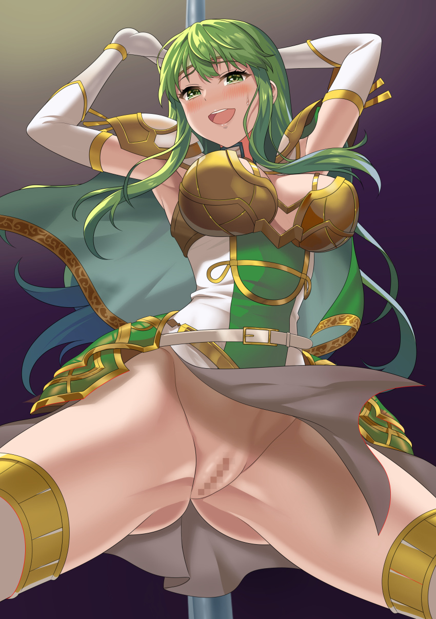 1girls 2d_(artwork) alternate_costume armpits arms_up ass_visible_through_thighs bare_thighs blush breasts censored dancer dancing elbow_gloves female_only fire_emblem fire_emblem_echoes:_shadows_of_valentia fire_emblem_heroes from_below gloves going_commando green_eyes green_hair headband large_breasts long_hair looking_at_viewer nintendo no_panties no_panties_under_skirt nopan official_alternate_costume open_mouth palla_(falcon_knight)_(fire_emblem) palla_(fire_emblem) pelvic_curtain pole pole_dancing pussy sirano smile solo spread_legs stripper_pole sweatdrop thick_thighs thighhighs thighs