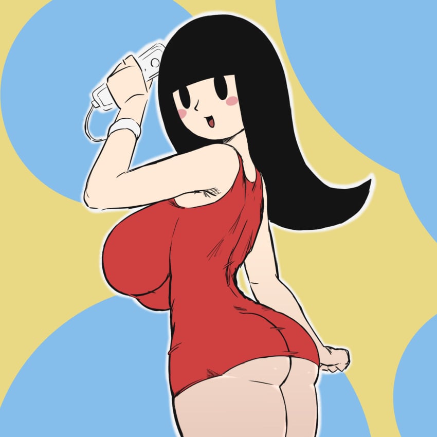 1girls big_breasts black_hair blush clothing dress girl_(rhythm_heaven_fever) kaxiota mob_face nintendo red_dress rhythm_heaven rhythm_heaven_fever rhythm_tengoku simple_eyes simple_face tagme