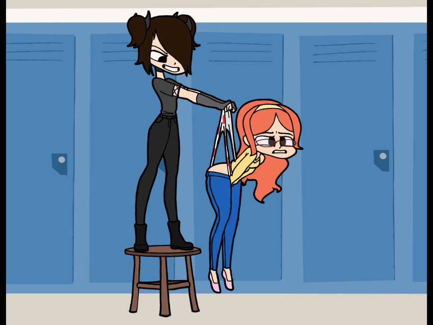 animated ashley_(digitalwedgieart) bullying digitalwedgieart femsub gif glasses goth luna_(digitalwedgieart) orange_hair punishment schoolgirl teacher torn_clothes torn_panties wedgie