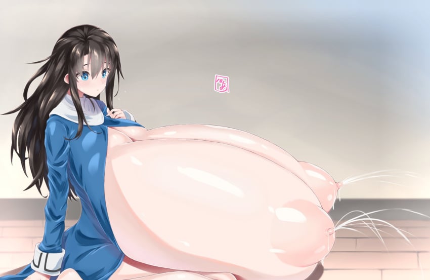 bea_(adfhbcf4326) black_hair blue_eyes breasts_on_lap female gigantic_breasts hyper_breasts immobile lactating lactation long_hair massive_breasts partially_clothed wardrobe_malfunction