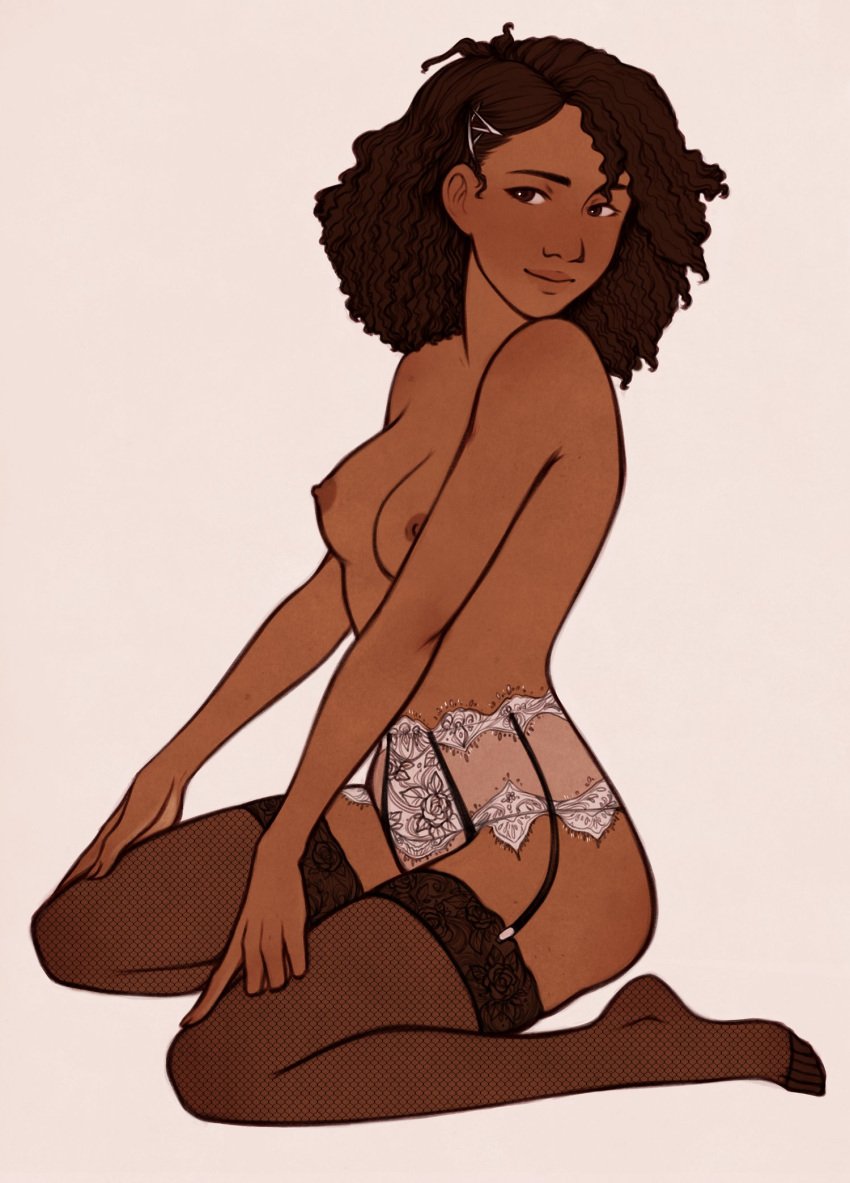 1girls afro benveydrawsmore breasts dark-skinned_female dark_skin female garter_straps lingerie on_knees original_character panties sitting thighhighs