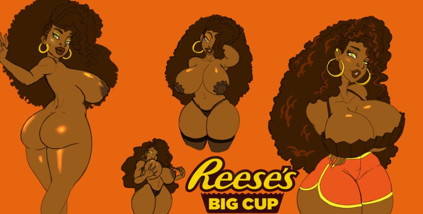 ass big_ass big_breasts big_butt big_hair breasts brown_hair brown_lips brown_nipples brown_skin dark-skinned_female dark_skin female female_only frizzy_hair gym_shorts hoop_earrings large_breasts lingerie looking_at_viewer nude_female pasties peanut_butter reese's reese's_peanut_butter_cups reeses snooshkaboosh thick_thighs wide_hips yellow_eyes