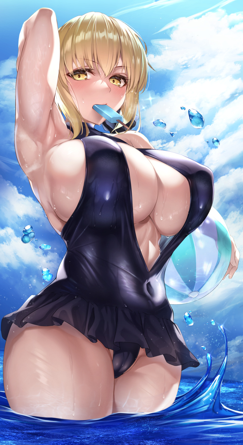 armpits artoria_pendragon_(alter) beachball blonde_hair blush breasts cleavage fate/grand_order fate_(series) hirasawa_seiji looking_at_viewer one-piece_swimsuit one_arm_up swimsuit water yellow_eyes