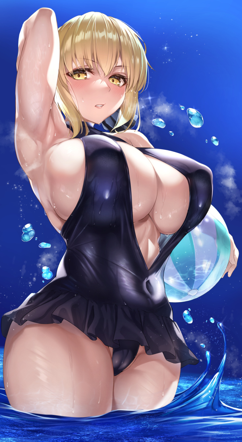 armpits artoria_pendragon_(alter) beachball blonde_hair blush breasts cleavage fate/grand_order fate_(series) hirasawa_seiji looking_at_viewer one-piece_swimsuit one_arm_up swimsuit toned water yellow_eyes