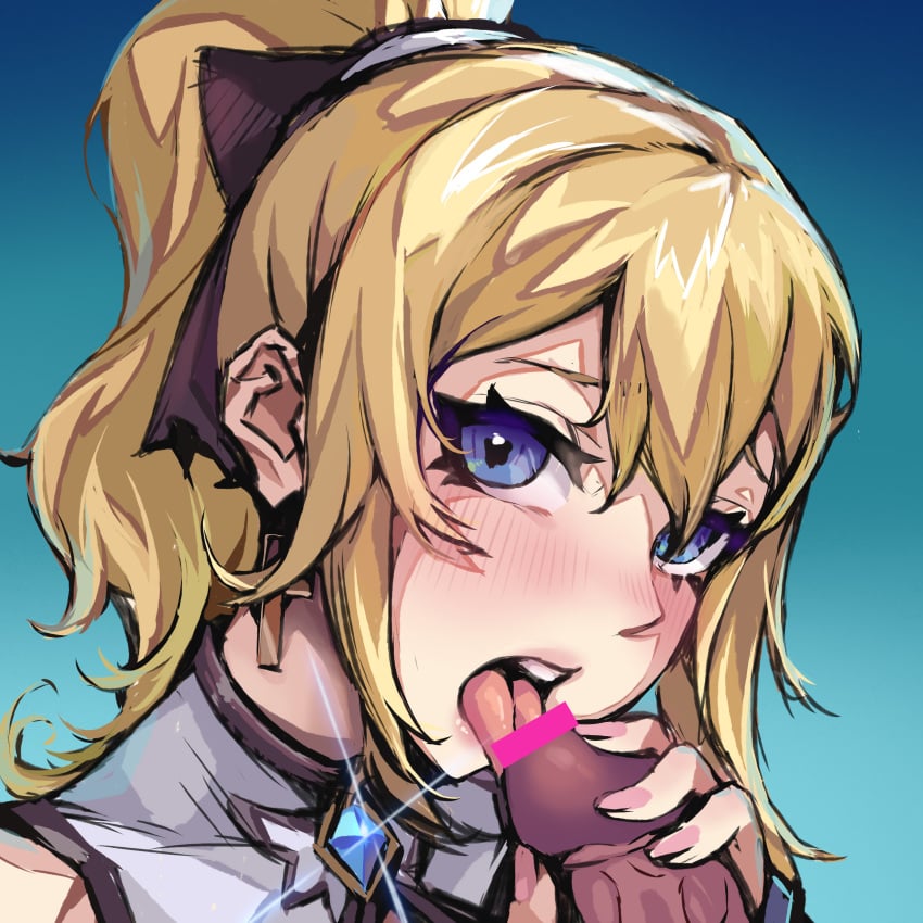 1boy absurdres bar_censor blonde_hair blue_eyes blush bow censored cross cross_earrings dark-skinned_male earrings face fellatio female genshin_impact hairbow half-closed_eyes highres jean_gunnhildr jewelry joshua_(tubie) licking_penis looking_at_viewer open_mouth oral penis ponytail straight tongue