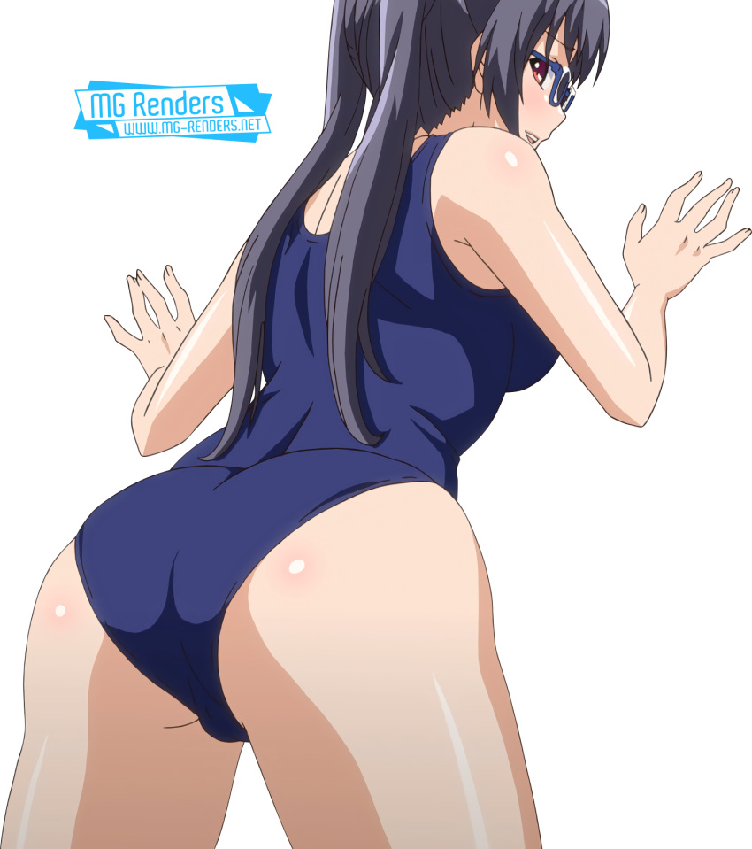 1girls against_wall ass black_hair come_hither dat_ass eroge!_h_mo_game_mo_kaihatsu_zanmai female female_only glasses huge_ass kosaka_iori long_hair looking_back medium_breasts mg_renders one-piece_swimsuit pose screencap seductive seductive_smile smile stitched swimsuit transparent_background twintails