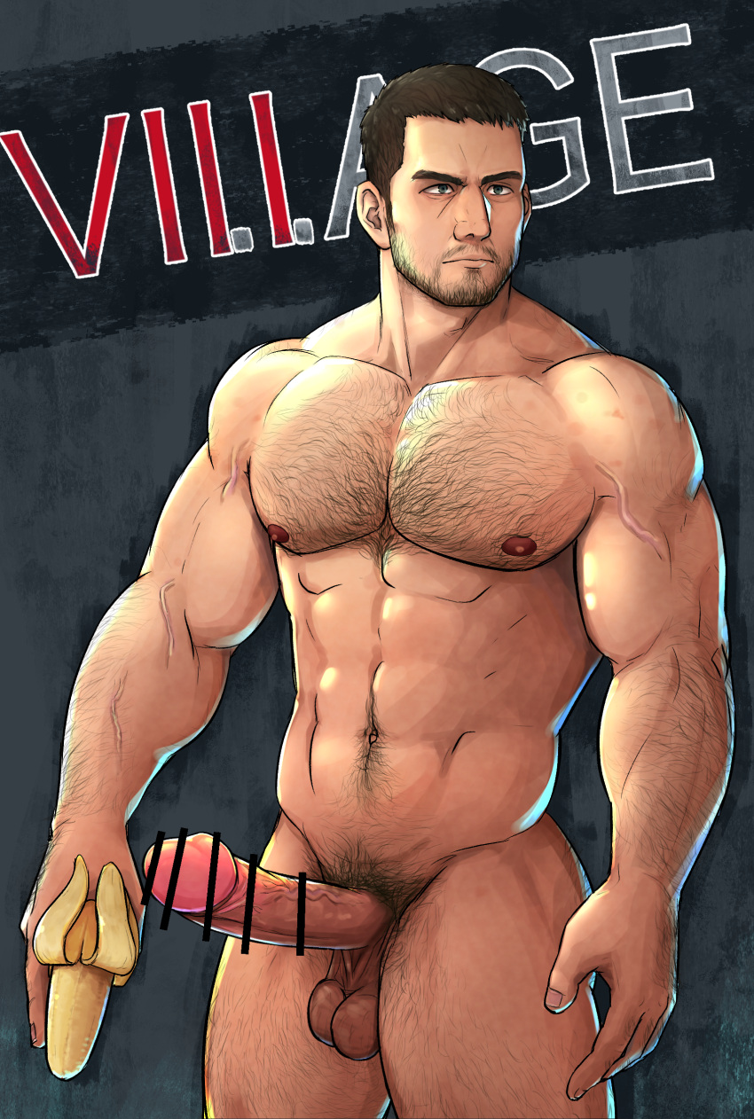 1boy abs absurdres arm_hair banana bar_censor bara barry_go beard censored chest_hair chris_redfield completely_nude erection facial_hair food fruit groin hairy highres holding holding_food holding_fruit large_pectorals leg_hair long_sideburns male_focus male_only male_pubic_hair mature_male muscular muscular_male navel navel_hair nipples nude pectorals penis pubic_hair resident_evil resident_evil_8:_village short_hair sideburns solo solo_male stomach stubble thick_thighs thighs