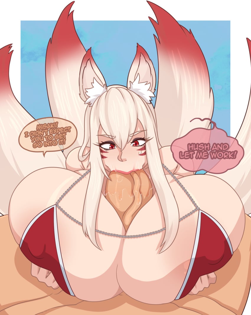 dialogue fellatio fox_ears fox_girl fox_humanoid fox_tail fox_tails furanh kitsune kitsunemimi kyuubi misaki(valakabane) original_character paizufella paizuri paizuri_lead_by_female pov red_eyes red_hair saliva white_hair