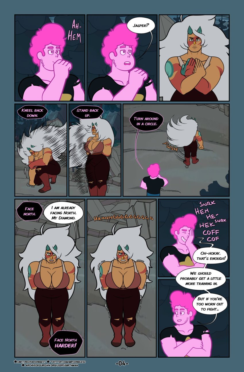 breasts cartoon_network cleavage comic_page dark_kaje dialogue english_text female fragments_(steven_universe_future) gem_(species) jasper_(steven_universe) long_hair male mind_control mrswindle94 orange_skin page_4 page_number steven_quartz_universe steven_universe steven_universe_future text white_hair