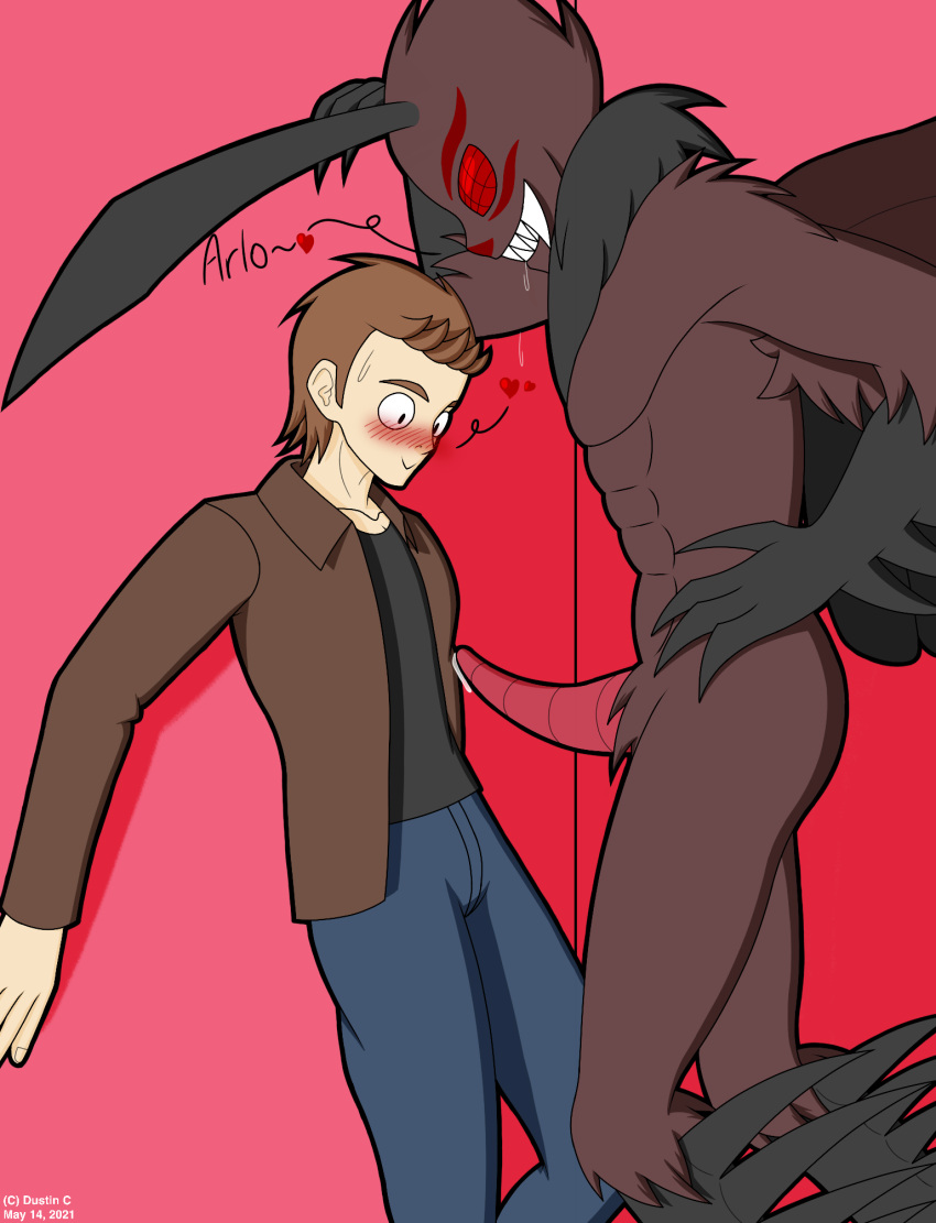 arlo_davis(dustin_c) blush brown_fur brown_hair cryptid dou dustin_c gay heat human in_heat leaking_precum male male/male male_only malin(dustin_c) monster monster_cock mothman penis penis_out pinned_against_wall precum red_eyes size_difference surprised