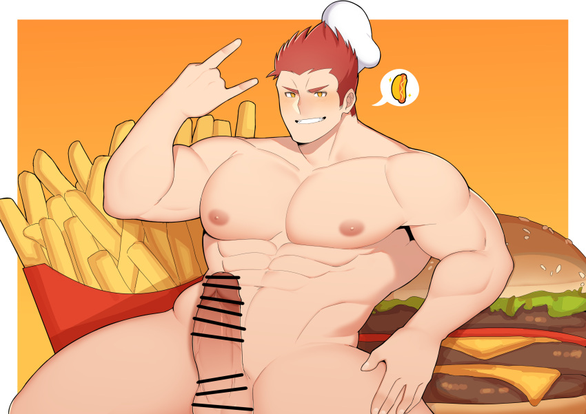 1boy abs absurdres bar_censor bara blush burger censored clayten completely_nude erection food french_fries fujimachine highres hot_dog humanized jollibee jollibee_(mascot) large_pectorals looking_at_viewer male_cleavage male_focus male_only muscular muscular_male navel nipple_slip nipples nude oversized_food pectorals penis red_hair short_hair sideburns sidepec smile solo solo_male spiked_hair spread_legs stomach thick_thighs thighs veins veiny_penis