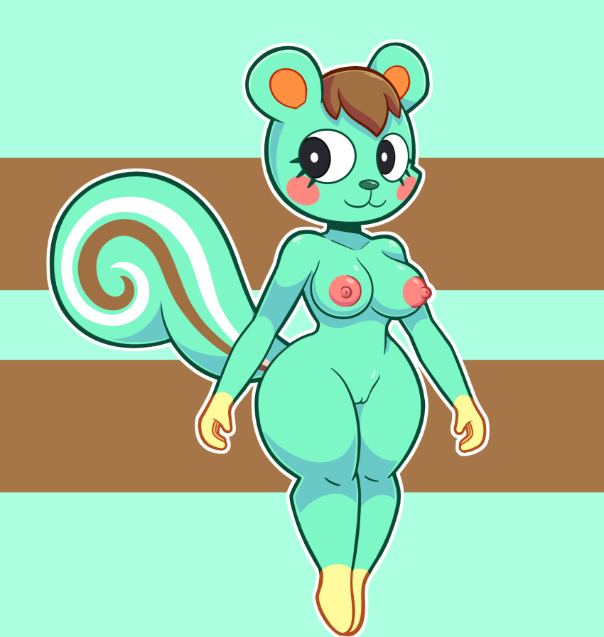 2021 absurd_res animal_crossing anthro areola big_breasts black_eyes breasts brown_hair digital_media_(artwork) female female_focus fur furry furry_only genitals green_body green_fur hair hi_res looking_away mammal mint_(animal_crossing) mintyspirit naked nintendo nipples nude pink_areola pink_nipples pussy rodent sciurid solo solo_female solo_focus tail thick_thighs tree_squirrel video_games wide_hips