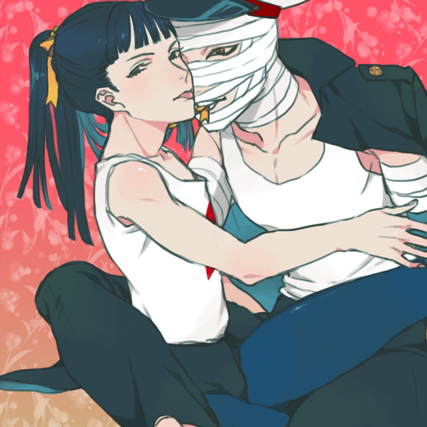 2boys amputee androgynous armless bandages black_hair femboy gay hair_ribbon kanabun_(shoujo_tsubaki) looking_at_viewer military_hat muchisute mummy ponytail shoujo_tsubaki tank_top tongue_out trap yaoi