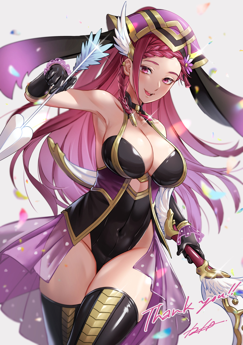 1girls absurdres alternate_costume arrow_(projectile) bangs bare_thighs bow_(weapon) braid breasts bunny_ears bunny_girl bunnysuit choker cleavage commission easter female fire_emblem fire_emblem_heroes hair_ornament highres holding holding_arrow holding_bow_(weapon) holding_weapon huge_filesize iria_(yumeirokingyo) large_breasts loki_(fire_emblem) loki_(spring)_(fire_emblem) looking_at_viewer nintendo official_alternate_costume open_mouth purple_eyes purple_hair skeb_commission solo_female upper_body weapon