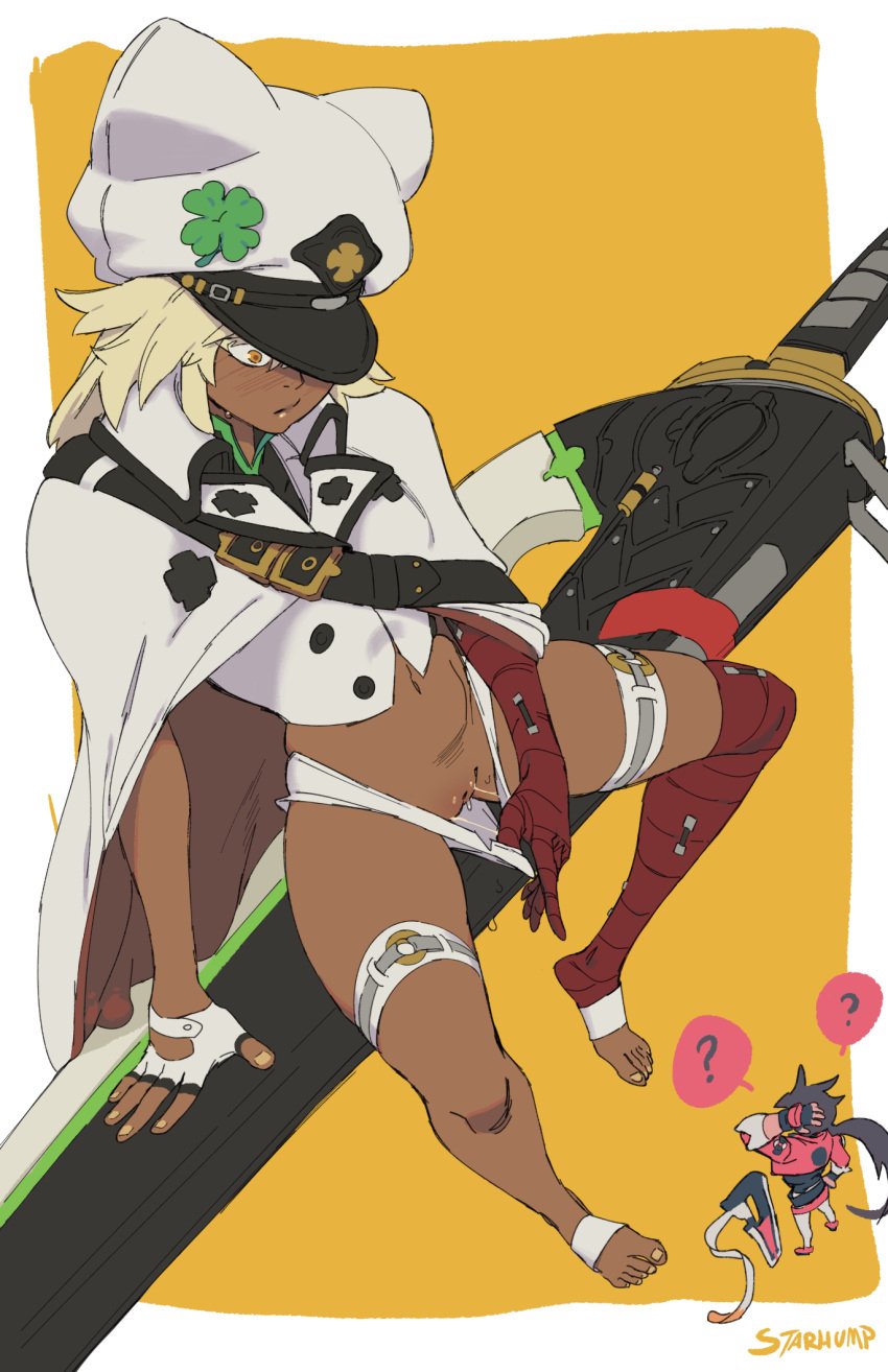 1boy ? bandaged_arm bandaged_leg bandages blonde_hair blush border cape chibi chibi_inset clothes_pull clover dark-skinned_female dark_skin female fingerless_gloves fingernails floating floating_object floating_sword floating_weapon four-leaf_clover from_above gloves guilty_gear guilty_gear_strive highres huge_weapon looking_at_another medium_hair no_panties nose_blush orange_eyes outside_border pussy pussy_juice pussy_peek ramlethal_valentine short_shorts shorts shorts_pull sol_badguy solo_focus spoken_question_mark starhump sword thigh_strap uncensored weapon white_border white_cape yellow_background