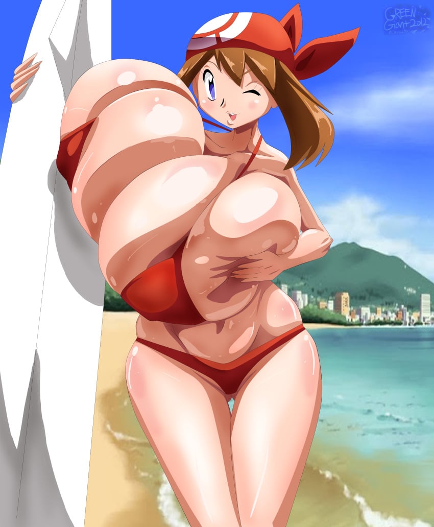 1girls absurd_res alternate_breast_size artist_name bandana beach big_breasts bikini blue_eyes blush breasts brown_hair collarbone eyebrows_visible_through_hair female female_only gigantic_breasts greengiant2012 holding holding_object holding_surfboard huge_breasts human human_only looking_at_viewer may_(pokemon) nintendo ocean open_mouth outdoors pokemon pokemon_rse red_bikini sea seaside short_hair smile solo solo_female standing surfboard top_heavy water wide_hips wink