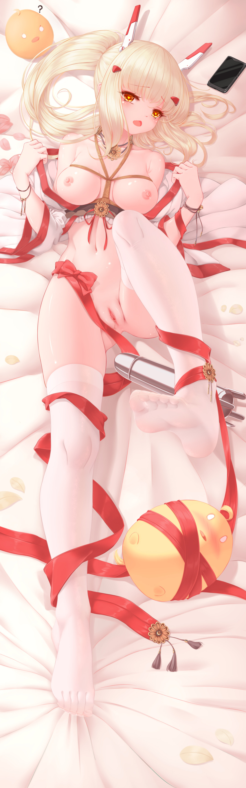 artist_revision ayanami_(azur_lane) azur_lane bottomless breasts dakimakura feet japanese_clothes manjuu_(azur_lane) nipples no_bra open_shirt pussy seelehan skirt_lift stockings tagme thighhighs uncensored undressing