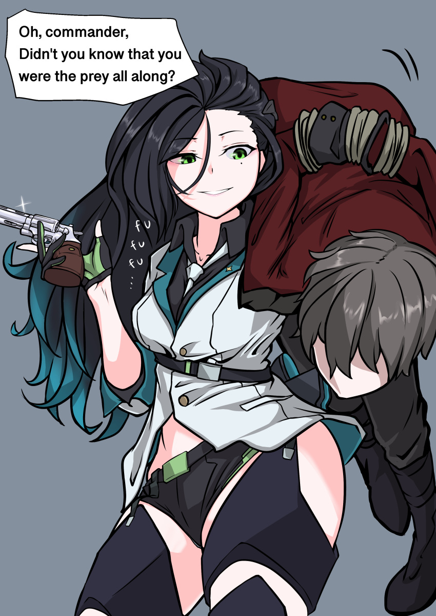 1boy absurdres assertive_female badge belt black_hair black_shorts bondage boots bound buttons carrying carrying_over_shoulder collarbone colt_python colt_python_(girls_frontline) commander_(girls_frontline) double-breasted english_text faceless faceless_male female femdom girls'_frontline gloves gradient_hair green_eyes grey_background grey_hair gun hair_ornament handgun highres hip_vent holding holding_weapon imminent_rape imminent_sex jacket lapel_pin laughing lifting lifting_person long_hair male messy_hair mole mole_under_eye multicolored multicolored_clothes multicolored_hair multicolored_jacket necktie open_clothes open_jacket parted_lips partially_fingerless_gloves python_(girls'_frontline) red_jacket revolver rope seductive_smile short_shorts shorts side_slit side_slit_shorts sleeves_folded_up smile speech_bubble stomach strap streaked_hair struggling submale submissive_male thigh_boots thighhighs thighs translated trigger_discipline turquoise_hair wavy_hair weapon white_jacket zandorosouls