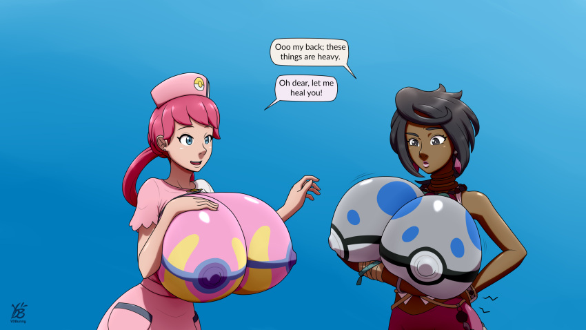 2021 2girls bodypaint breasts breasts_out female_only huge_breasts multiple_girls nipples nurse_joy olivia_(pokemon) pokemon pokemon_sm tagme ydbunny