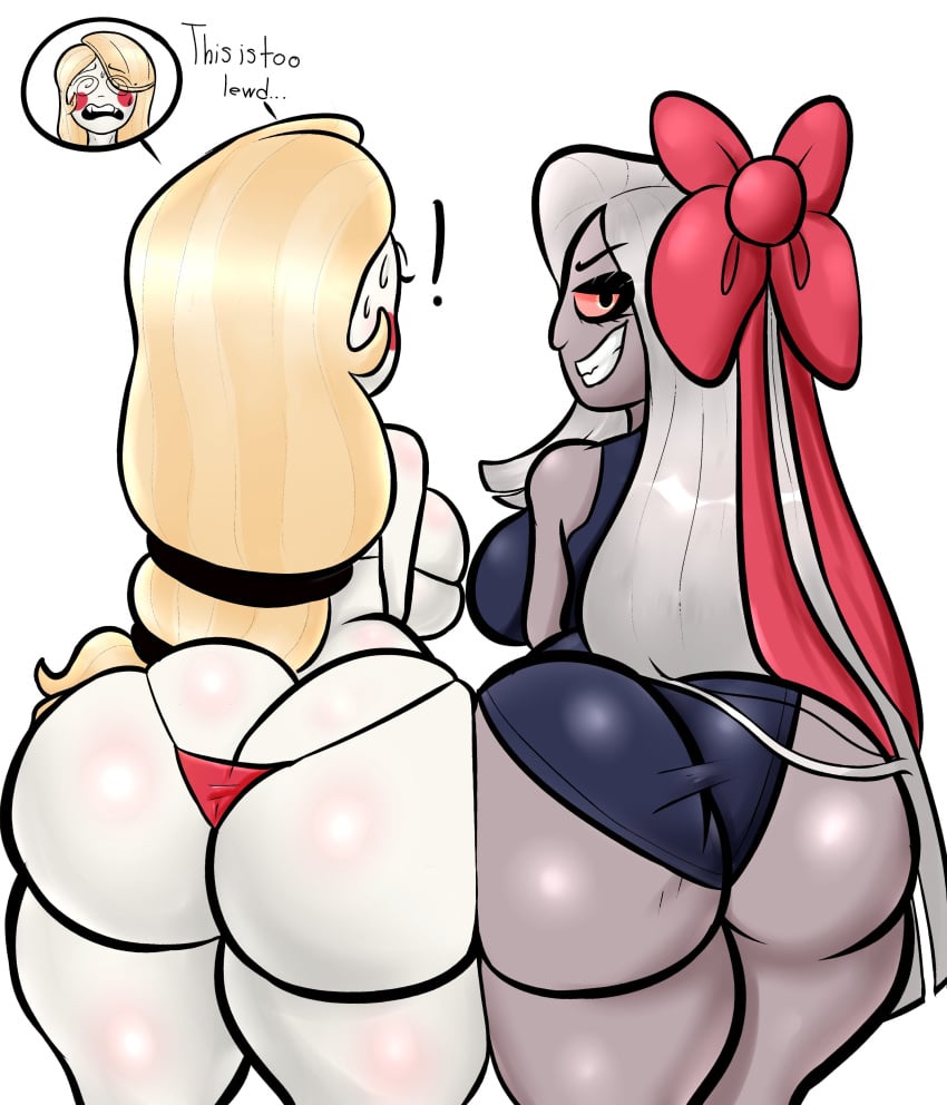 2girls ass ass_cleavage ass_dough ass_press ass_squish ass_to_ass astroarts big_ass big_breasts big_butt bikini bottom_heavy breasts bubble_ass bubble_butt butt_crack charlie_morningstar_(hazbin_hotel) demon demon_girl demoness embarrassed english_text fat_ass fat_butt female_only females females_only gigantic_ass grey_skin hazbin_hotel huge_ass huge_breasts huge_butt hyper_ass large_ass large_breasts large_butt looking_at_viewer looking_back multiple_girls nervous panties skimpy skimpy_bikini smile smiling smiling_at_viewer straight_hair swimsuit tagme text thick_ass thick_thighs thong thong_bikini uncomfortable vaggie_(hazbin_hotel) vivienne_medrano voluptuous white_skin wide_hips yuri