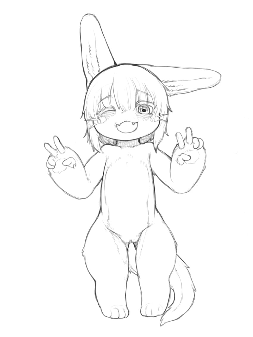 2021 3:4 anthro black_and_white blush cub double_v_sign fangs female flat_chested front_view fur genitals gesture hair hi_res looking_at_viewer made_in_abyss monochrome nanachi narehate nude one_eye_closed open_mouth pussy rapel simple_background solo standing v_sign white_background wink young