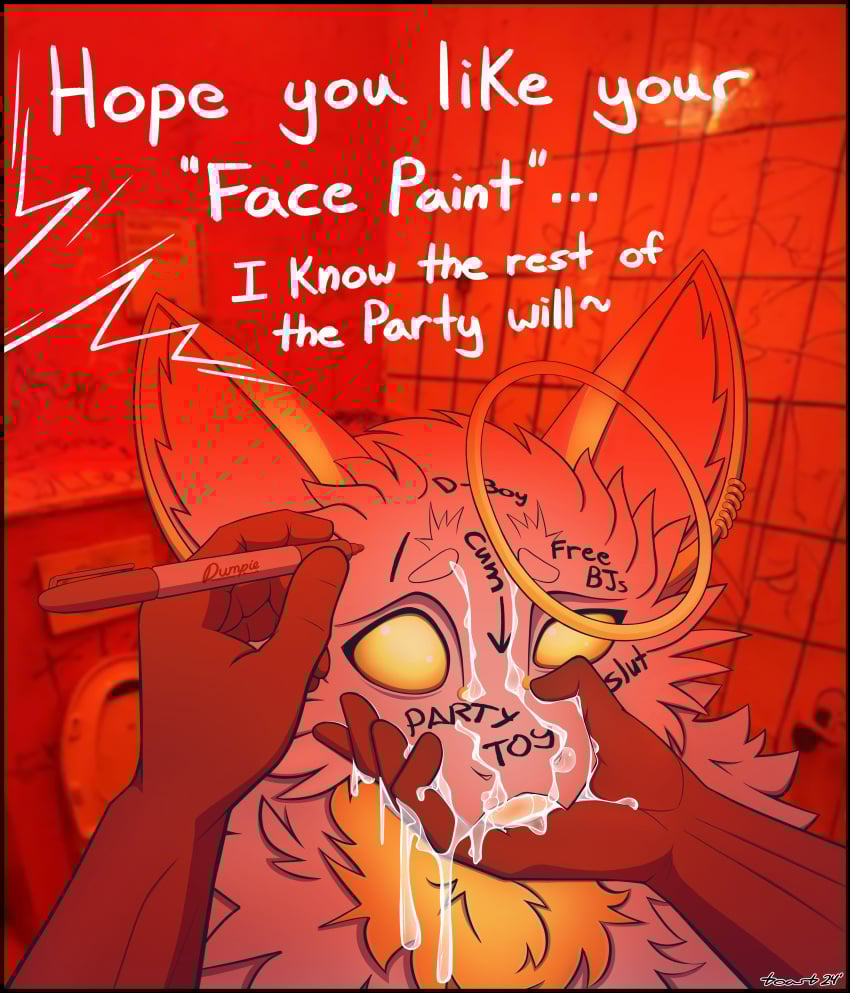 absurd_res anthro bathroom bodily_fluids body_writing cum cum_on_face dialogue duo ear_piercing ear_ring face_writing fluffy fluffy_chest fuffy_dragon fur genital_fluids halo hi_res holding_muzzle looking_at_viewer male male/male photo_background photography_(artwork) piercing ring_piercing shaded sharpie text toasterstein_(artist) white_body white_fur yellow_eyes