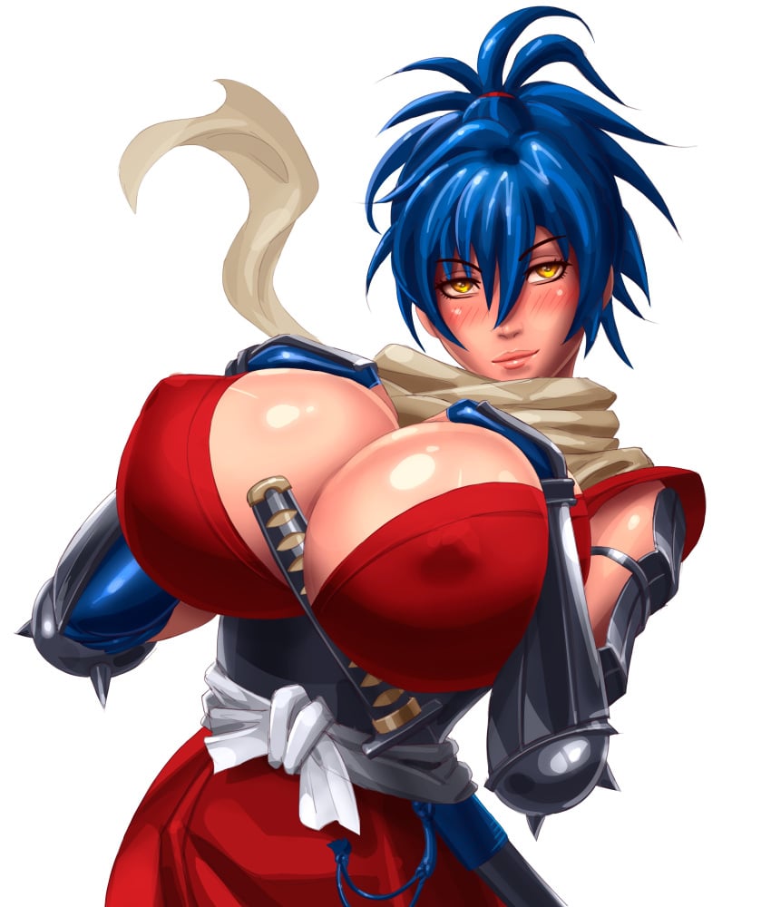 blue_hair blush breast_suppress breasts covered_erect_nipples female female_focus highres huge_breasts lips manyuu_chifusa manyuu_hikenchou ponytail scarf simple_background solo standing svoidist sword weapon white_background yellow_eyes