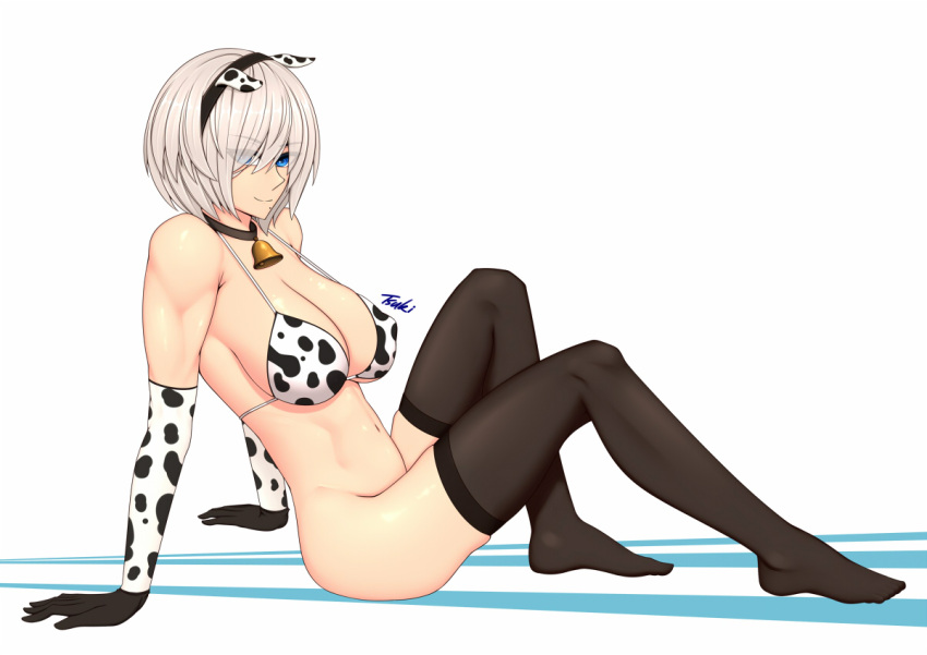 1girls 2021 arm_support armwear bare_shoulders bell_collar belly big_breasts bikini bikini_top black_legwear black_stockings breasts cleavage collar cow_print cow_print_armwear cow_print_bikini fake_animal_ears female female_focus female_only legs legwear nier:_automata nier_(series) ryu_seung simple_background solo solo_female solo_focus stockings tsuki_riven white_background yorha_2b