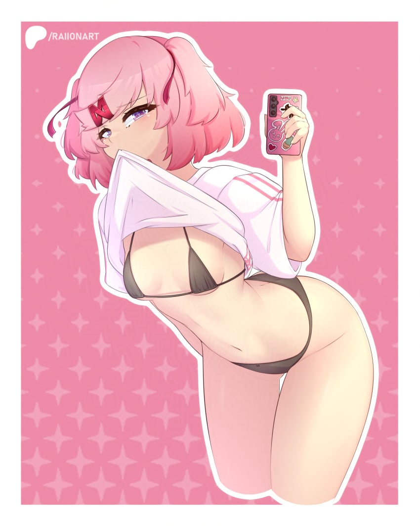 1girls accessory artist_name bangs black black_bra border bra breasts cleavage clothed clothes_lift clothing doki_doki_literature_club female hair_accessory hair_ornament hair_ribbon hair_ribbons hairclip holding holding_object holding_phone lifted_by_self light-skinned_female light_skin looking_at_viewer natsuki_(doki_doki_literature_club) navel phone pink_background pink_eyes pink_hair portrait raionart shirt shirt_lift shirt_up short_hair small_breasts solo solo_female swept_bangs thick_thighs thighs three-quarter_portrait tied_hair topwear tummy twintails white_border white_clothing white_outline white_shirt white_topwear
