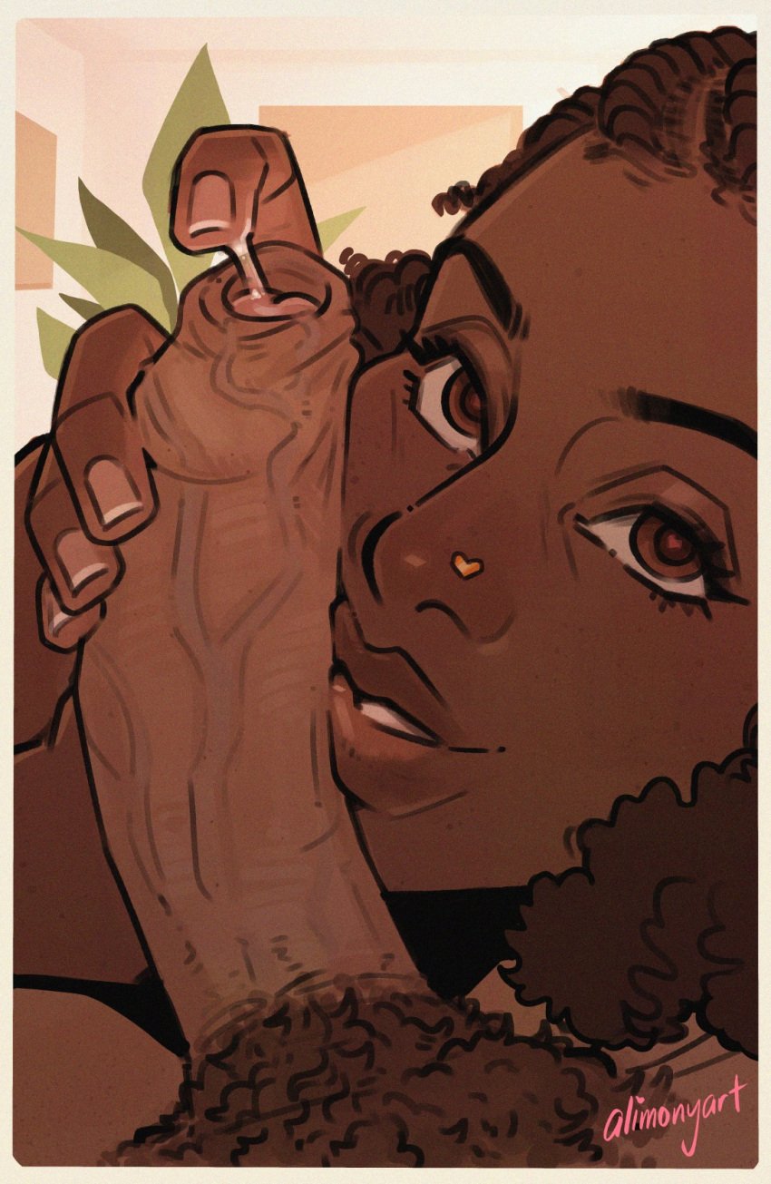 alimony close-up dark_skin erection foreskin looking_at_viewer penis penis_on_face pov precum sex uncircumcised