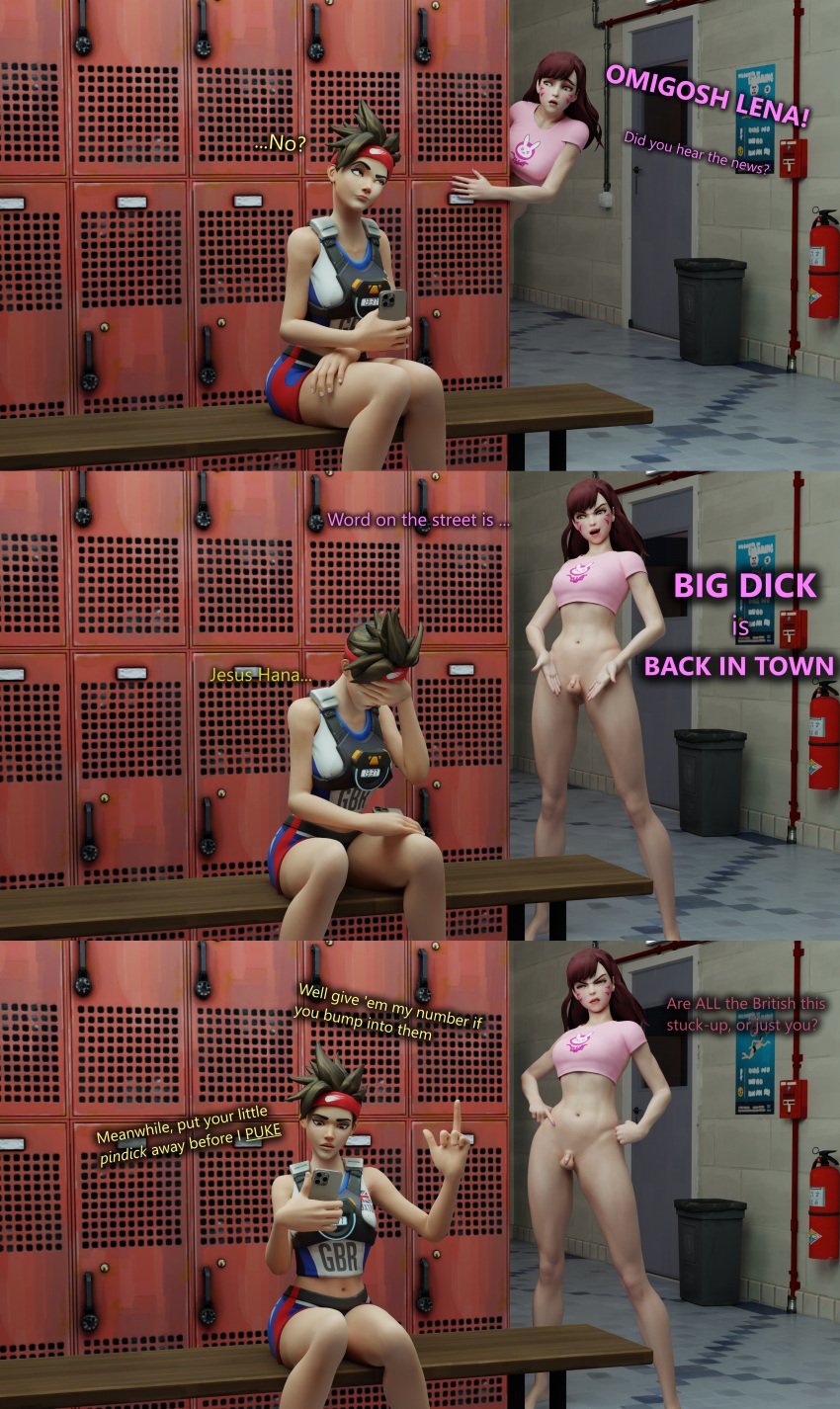 3d angry angry_face bottomless_female bragging caption clothed_female_nude_female d.va delusional dialogue futanari humor intersex locker_room overwatch overwatch_2 penis presenting_penis small_penis small_penis_futa small_penis_humiliation text throwingblue tracer uncensored