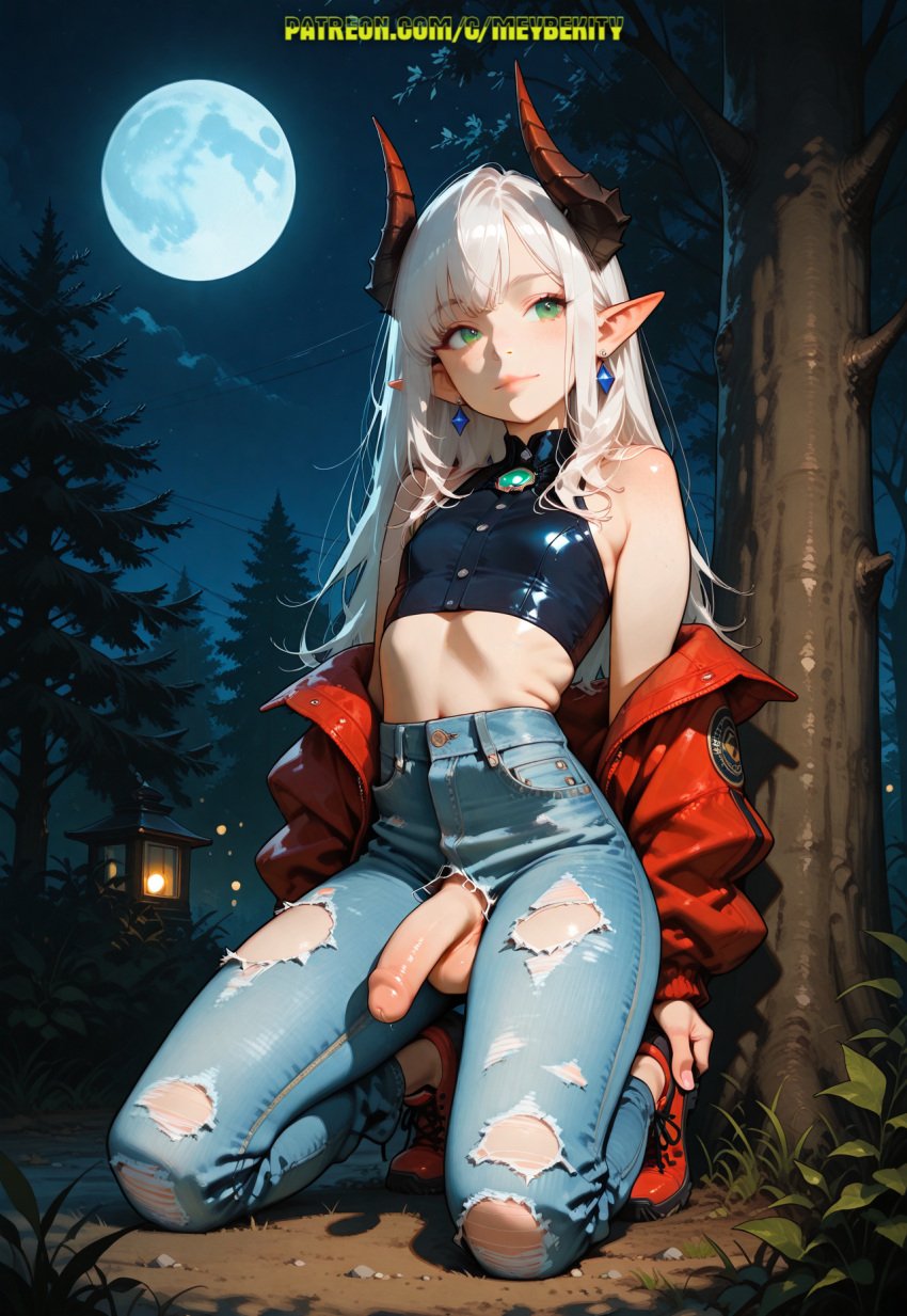 1boy ai_generated balls demon femboy green_eyes horns light-skinned_femboy male meybekity moon night oni otoko_no_ko outdoors penis solo trap trees white_hair yaoi