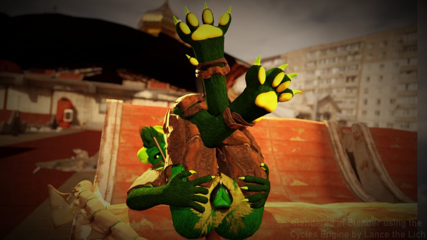 andromorph anthro armor blender_(artwork) blender_cycles bone_tail canid canine canis claws clothing cuntboy curling_toes digital_media_(artwork) fallout feet foot_fetish foot_focus foot_play fur genitals green_body green_fur hairy_pussy hi_res intersex lance_barrowpaw lance_the_lich lich mammal microsoft pawpads paws post-apocalyptic pubes pussy raider_(fallout) skeletal_tail solo spread_toes tail toe_claws toes undead wolf