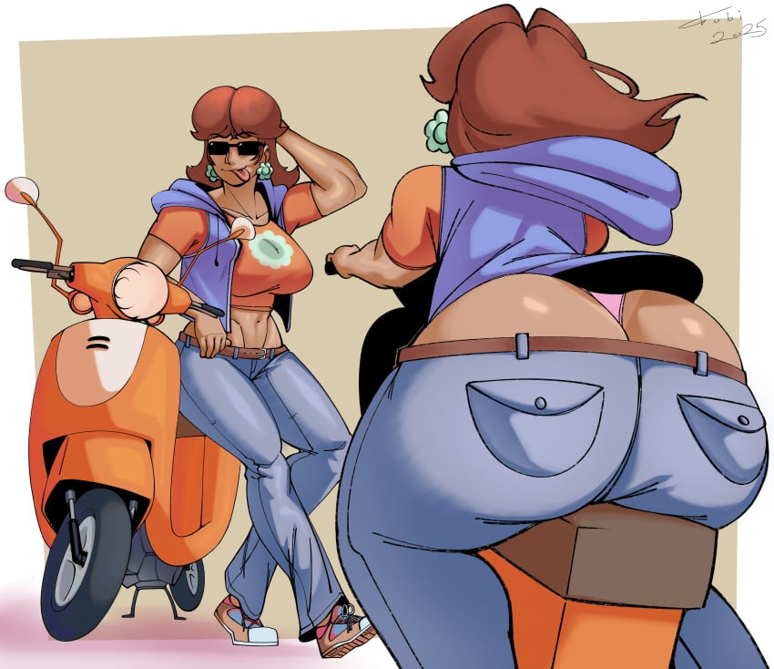 1girls ass ass_cleavage ass_focus big_ass breasts bubble_butt butt_crack crop_top dat_ass ear_piercing earrings fat_ass female female_only flower_earrings fobi hoodie_vest huge_ass large_ass mario_(series) midriff panties piercing png princess_daisy scooter shoes solo sunglasses tanline thick_ass thick_thighs tongue tongue_out vehicle vest wide_hips