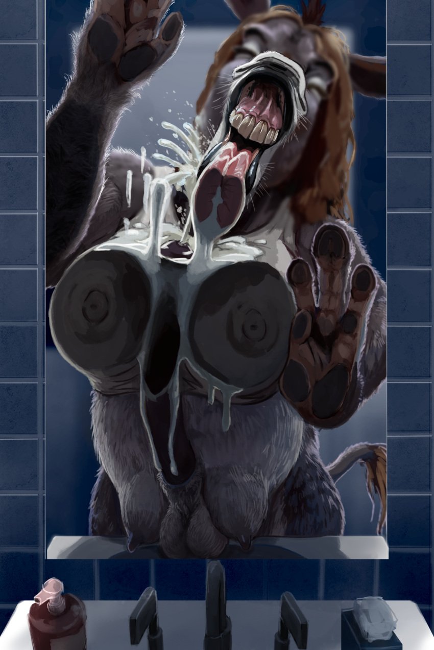 against_surface animal_genitalia animal_penis anthro asinus balls bodily_fluids breast_squish breasts breasts_on_glass closed_eyes cum cum_on_breasts donkey equid equine equine_genitalia equine_penis erection futanari genital_fluids genitals gynomorph hi_res human_to_anthro intersex licking licking_glass mammal mirror nipples on_glass penis solo species_transformation squish teats teeth tongue transformation udders usedusername