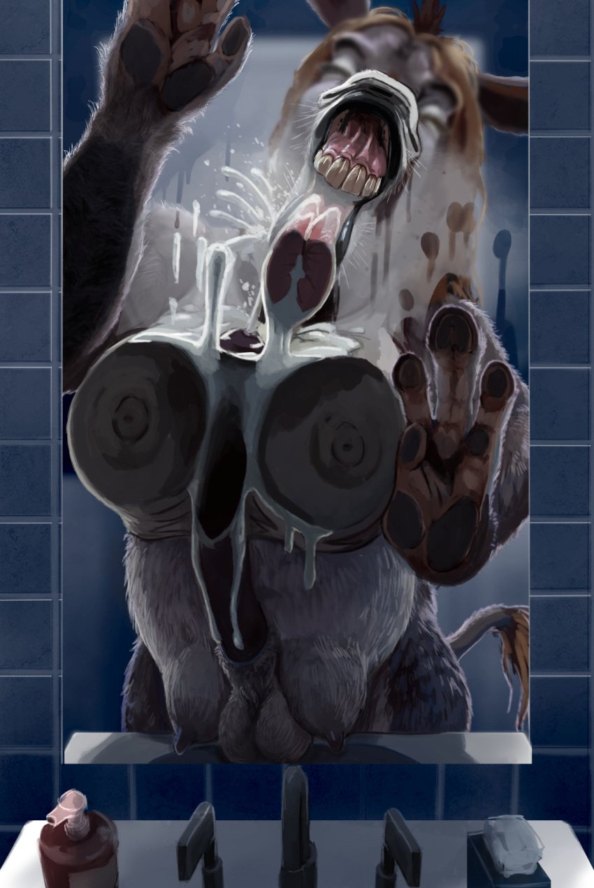 against_surface animal_genitalia animal_penis anthro asinus balls bodily_fluids breast_squish breasts breasts_on_glass closed_eyes cum cum_on_breasts donkey equid equine equine_genitalia equine_penis erection fog futanari genital_fluids genitals gynomorph hi_res human_to_anthro intersex licking licking_glass mammal mirror nipples on_glass penis solo species_transformation squish teats teeth tongue transformation udders usedusername