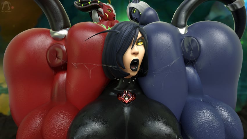 1girls 2futas 3d ass_focus balls black_lipstick blood_elf breasts demon derpynaut dickgirl draenei eredar female futa_sans_pussy futanari goth intersex large_ass large_balls large_breasts latex post_rimming puffy_anus rimming spit_trail warcraft world_of_warcraft