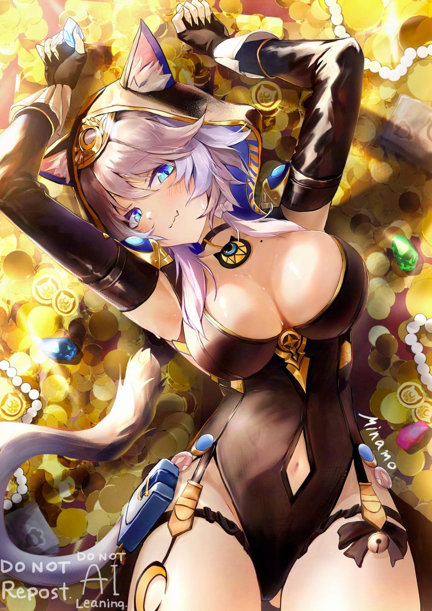 2025 arms_up artist_signature ass_visible_through_thighs background belly_button big_breasts blue_eyes blush breasts cat_ears cat_girl cat_tail catgirl choker cipher_(honkai:_star_rail) coin coins detached_sleeves gloves honkai:_star_rail honkai_(series) hood hood_up hoyoverse laying_down laying_on_back light-skinned_female light_skin mihoyo minamo questionable smirking smirking_at_viewer sweat sweatdrop sweating watermark white-skinned_female white_skin white_skinned_female