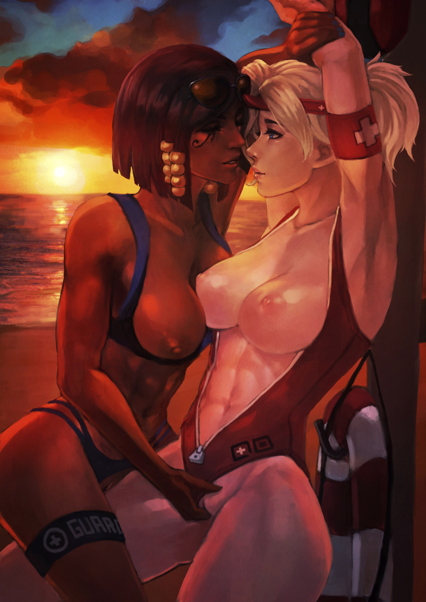 abs areolae arms_up beach blonde_hair blue_eyes breasts brown_hair dark-skinned_female dark_skin detailed_background female_only finger_fuck fingering fingering_partner interracial lifeguard mercy monorirogue nipples overwatch pharah sunset yuri