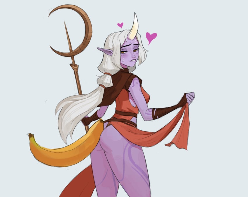 1girls 2021 amugea ass banana biting_lip blush buttjob dress dress_aside dress_lift heart horns hyung_(artist) league_of_legends monster_girl orange_eyes pointy_ears presenting presenting_hindquarters purple_skin riot_games single_horn soraka standing sweat tagme thighs white_hair