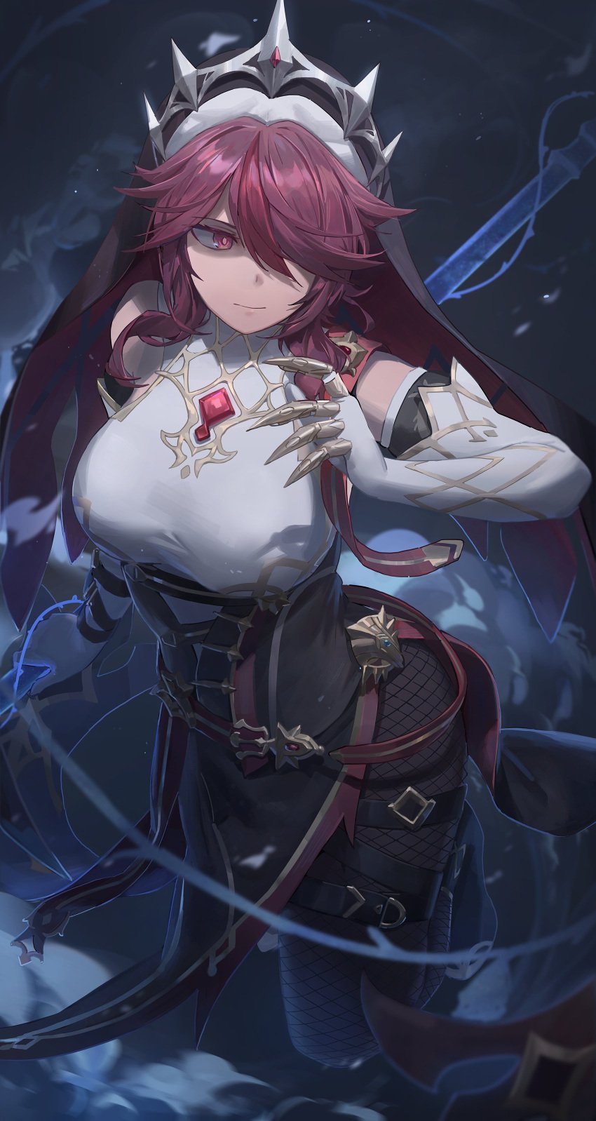 1girls anime_style bangs belts big_ass big_breasts corset crown female fishnets fully_clothed genshin_impact jewelry long_gloves nun red_eyes red_hair rosaria_(genshin_impact) sharp_nails solo solo_female veil wide_hips yohan1754