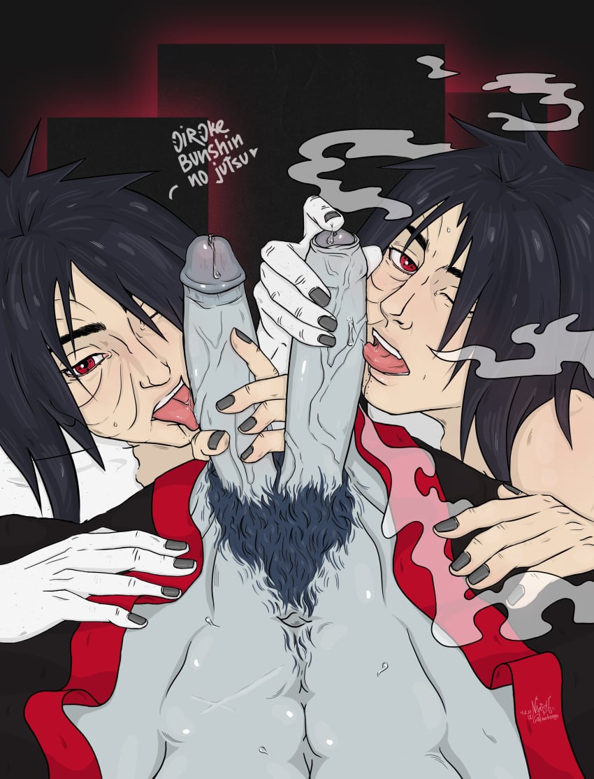 3boys akatsuki_(naruto) alternate_hairstyle asian asian_male big_penis black_hair cloak clone cock_worship collaborative_fellatio colored_nails diphallia diphallism double_fellatio erect_penis erection fellatio foreskin gay genital_fluids genitals grey_skin hoshigaki_kisame long_hair looking_at_viewer male_only male_pov mmm_threesome multi_penis multiple_boys nail_polish naruto naruto_(series) naruto_shippuden nohsayn one_eye_closed open_clothes oral oral_sex orange_hair pale_skin penis penis_grab penis_lick penis_out pov precum precum_drip pubic_hair red_eyes sharingan smoke teamwork threesome two_tone_skin uchiha_obito uncircumcised uncut veiny_penis white_skin yaoi