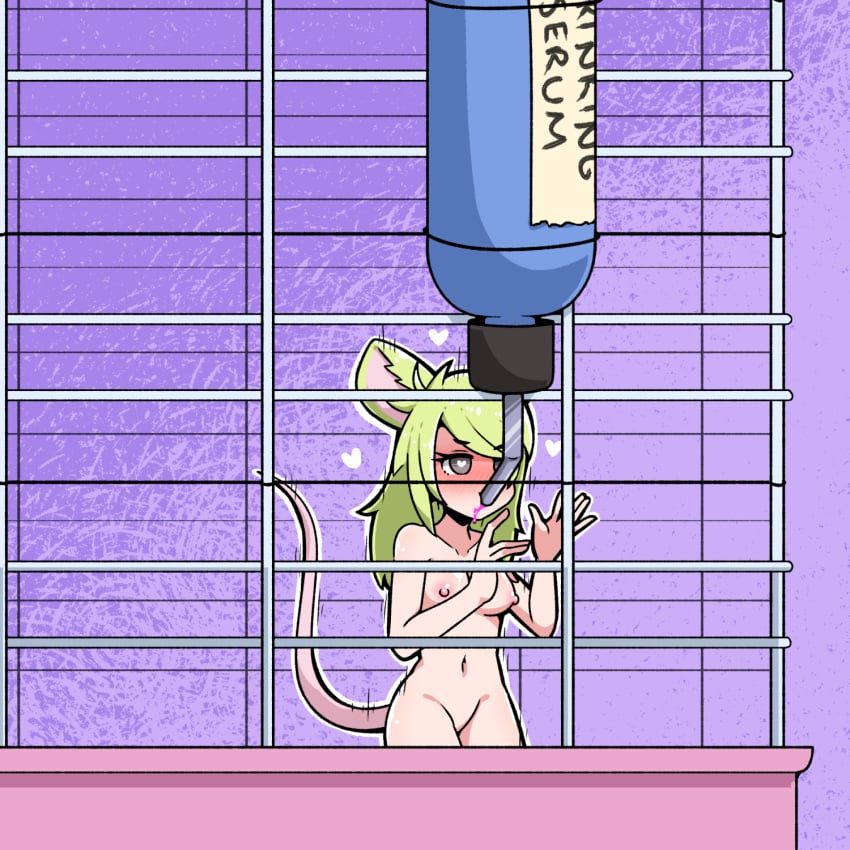 1:1 1girls 2021 animal_ears blush bottle breasts cage drinking female female_only green_eyes green_hair heart heart-shaped_pupils highres inksgirls long_hair matching_hair/eyes medium_breasts minigirl mouse mouse_ears mouse_girl mouse_tail navel nipples nude original serum solo standing tail thick_thighs thighs water_dispenser wide_hips