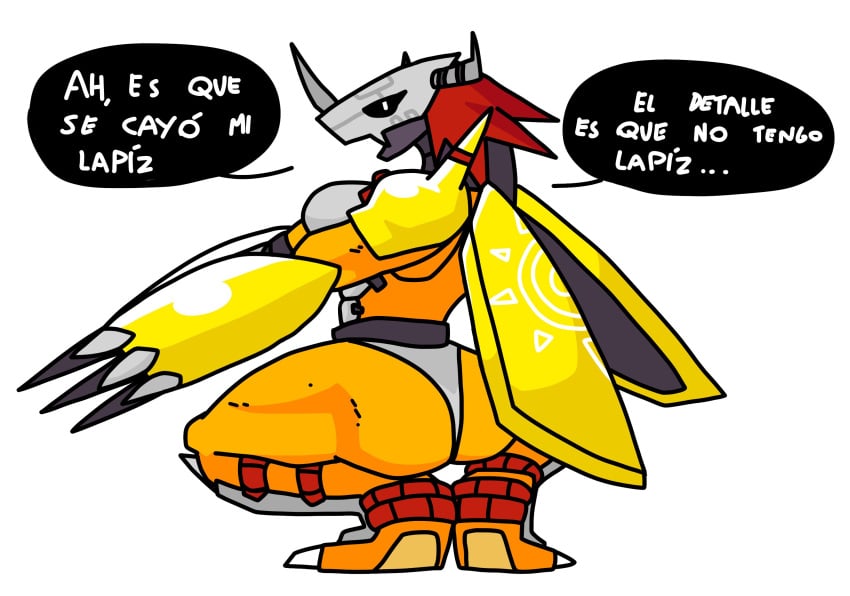 crouching curvy digimon gonda muscular muscular_thighs omni-man_pose spanish_text tagme wargreymon